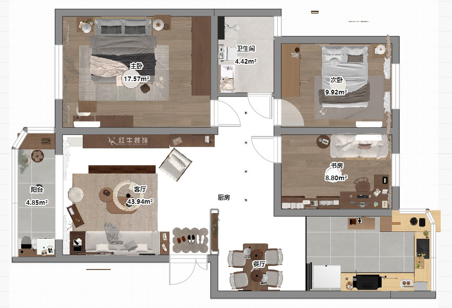 朱明琪｜月牙湖花园3-1-402-89㎡-原木风格｜3室2厅1卫｜老房翻新｜定制家｜全包13万｜00_03平面彩图